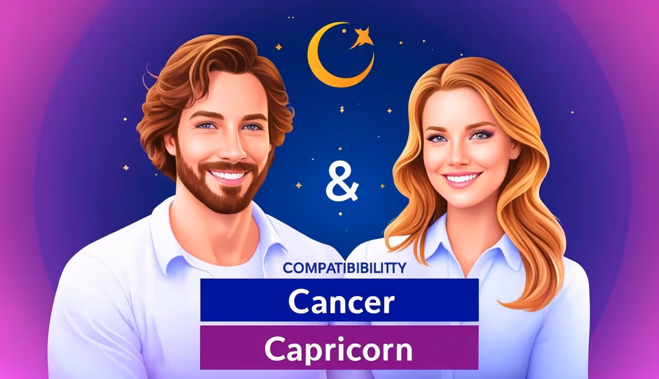A vibrant, professional illustration of Cancer and Capricorn compatibility, featuring a purple gradient background