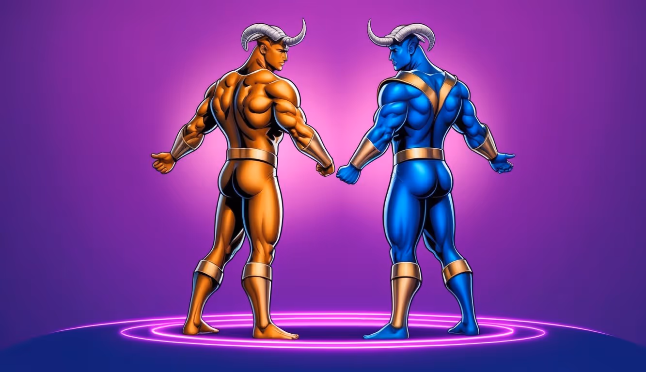 Aries and Taurus stand back to back, surrounded by a vibrant purple gradient. Their contrasting energies are depicted through dynamic body language