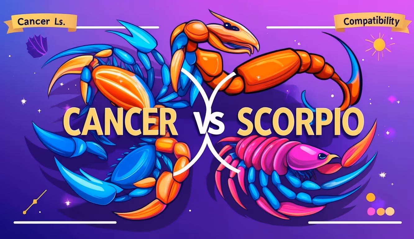 A vibrant, professional illustration depicting Cancer and Scorpio compatibility, with a purple gradient background
