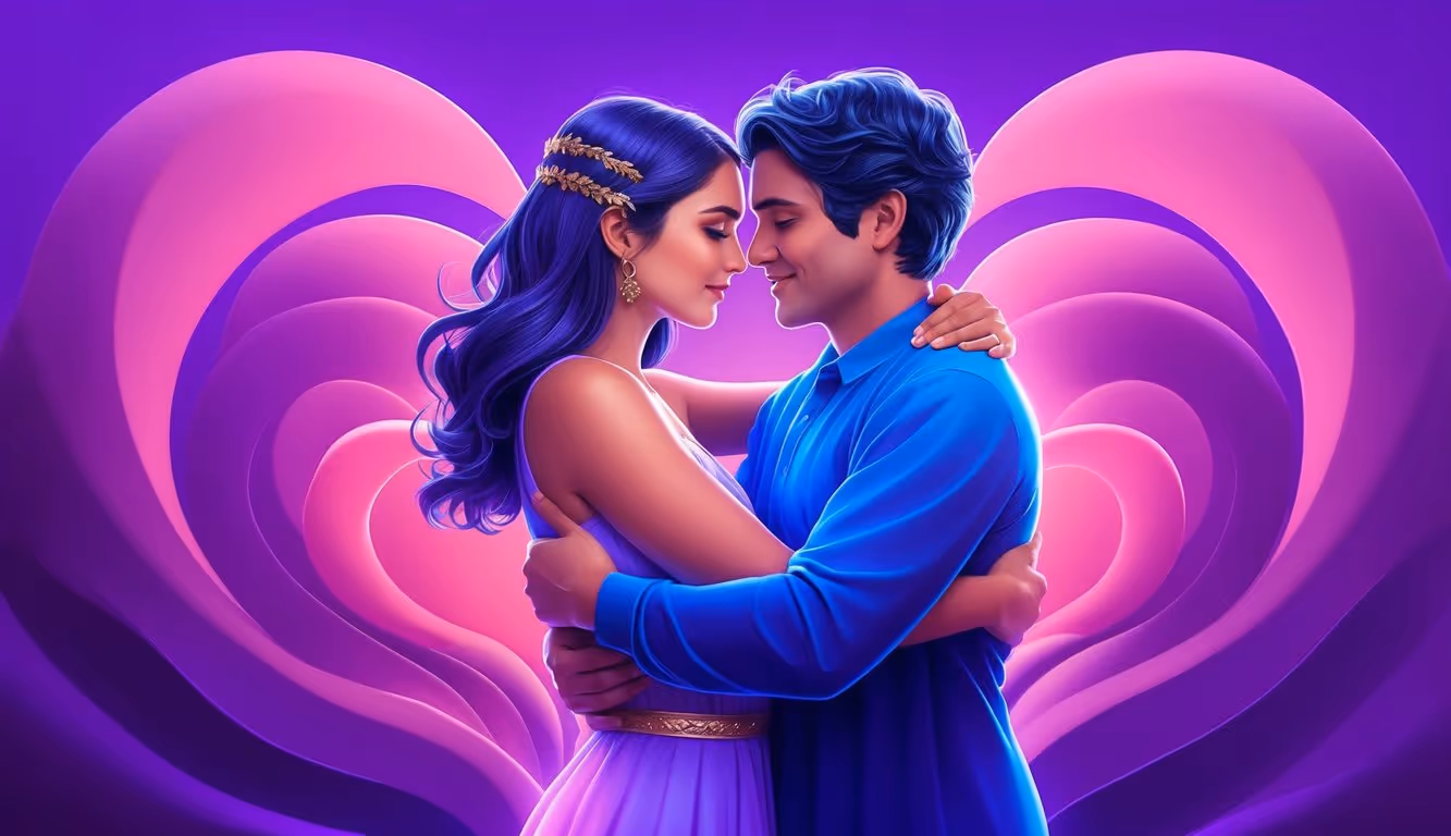 Virgo and Pisces embrace in a vibrant, purple gradient setting, symbolizing their compatibility