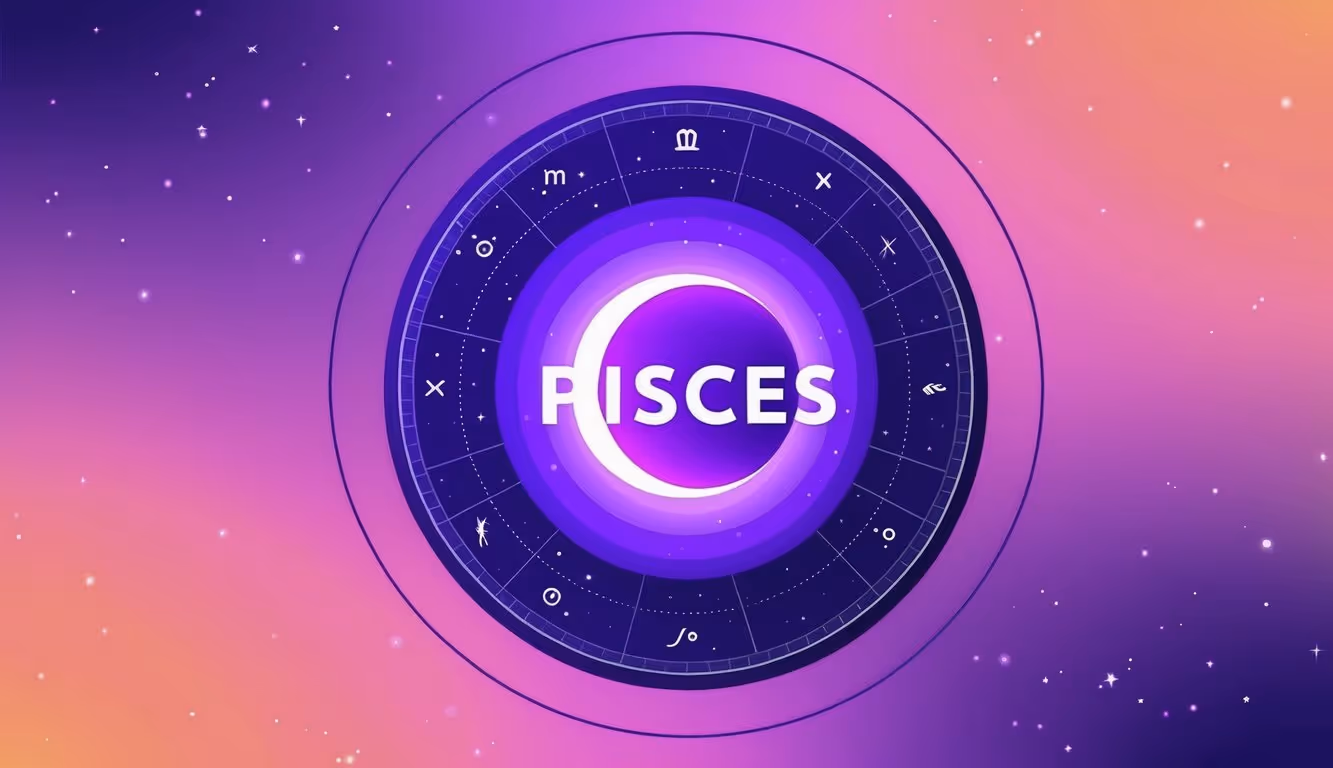 A vibrant professional illustration of a Pisces horoscope, featuring a gradient of vibrant purple colors