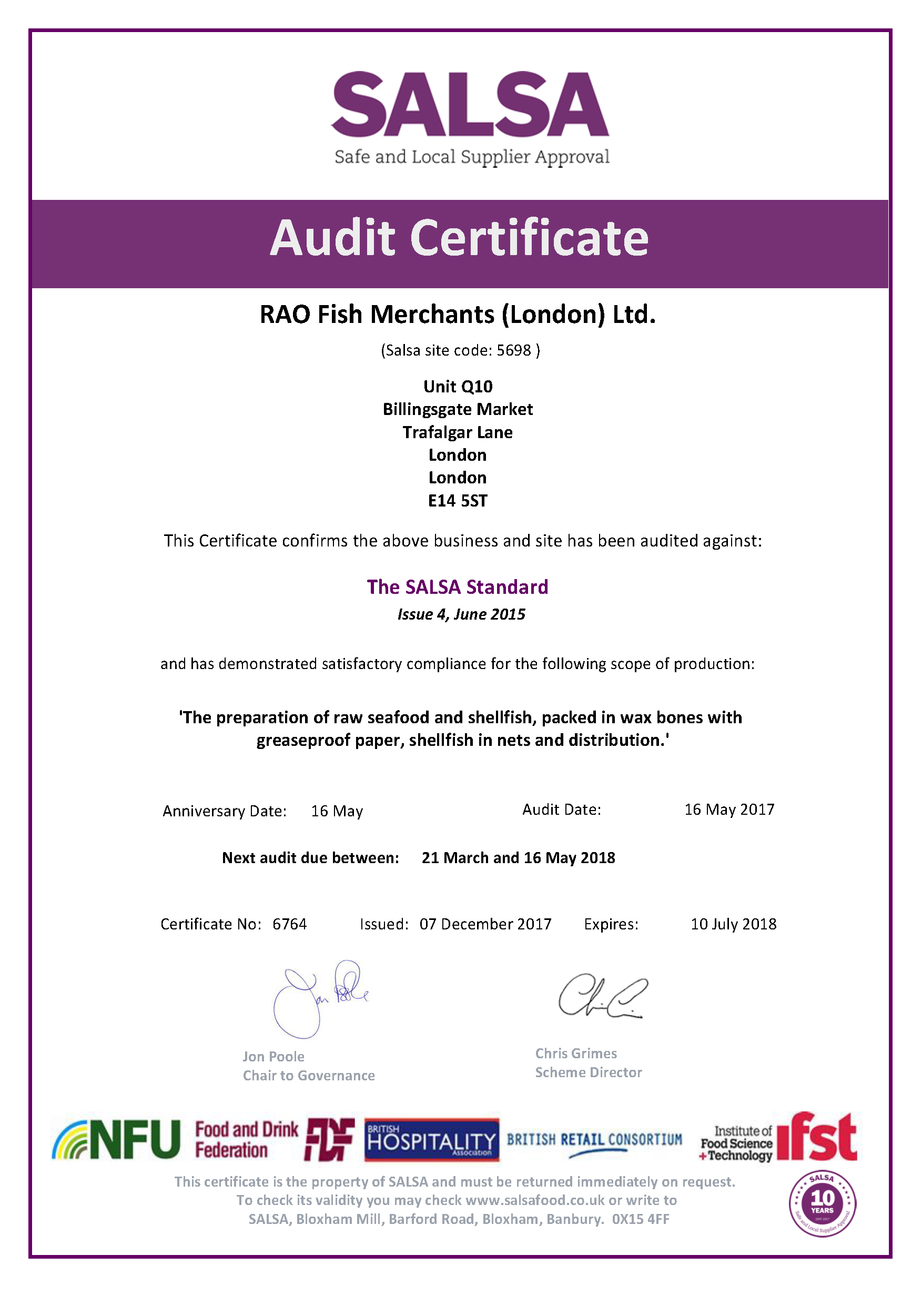 Photo of RAO Salsa Certificate