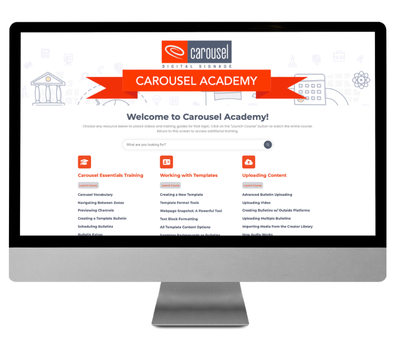 The Carousel Academy home page showing many different courses and topics.