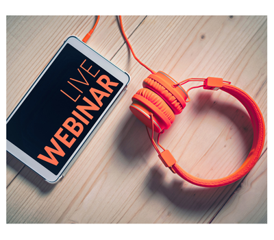Tablet and headphones with a live webinar on the screen.