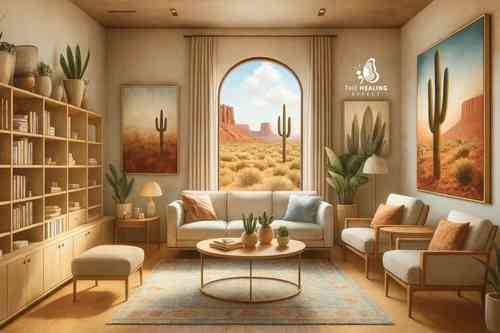 A calm, sunlit therapy room with a desert view through a picture window