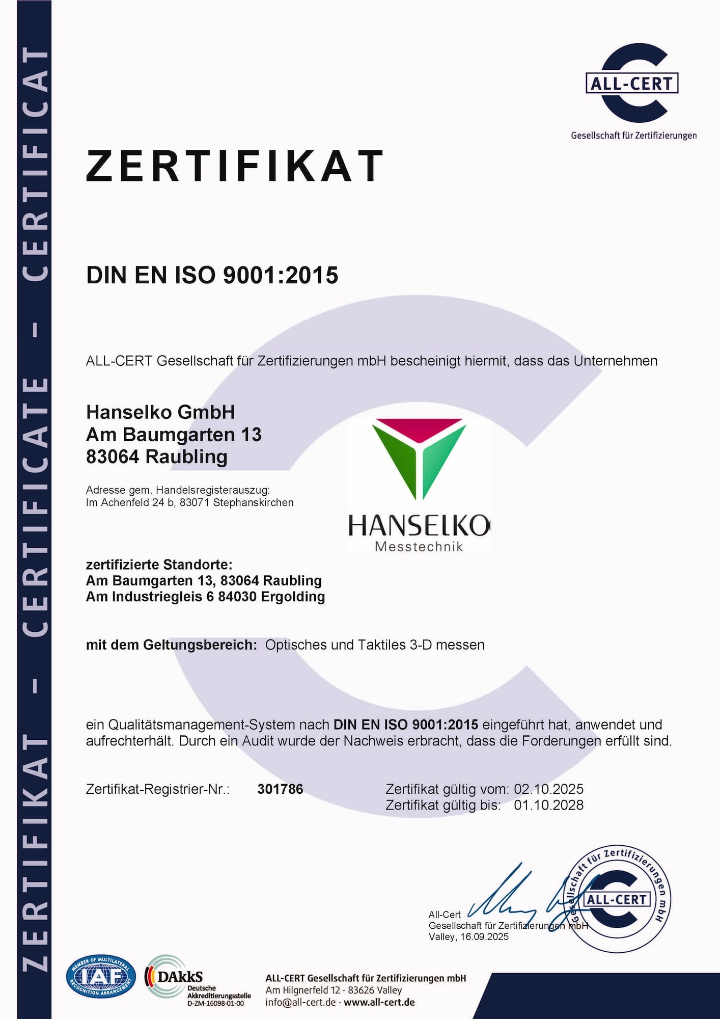 Zertifikat DIN EN ISO 9001:2015
