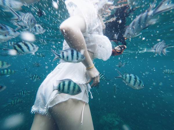 Low Section Of Woman Underwater In Sea