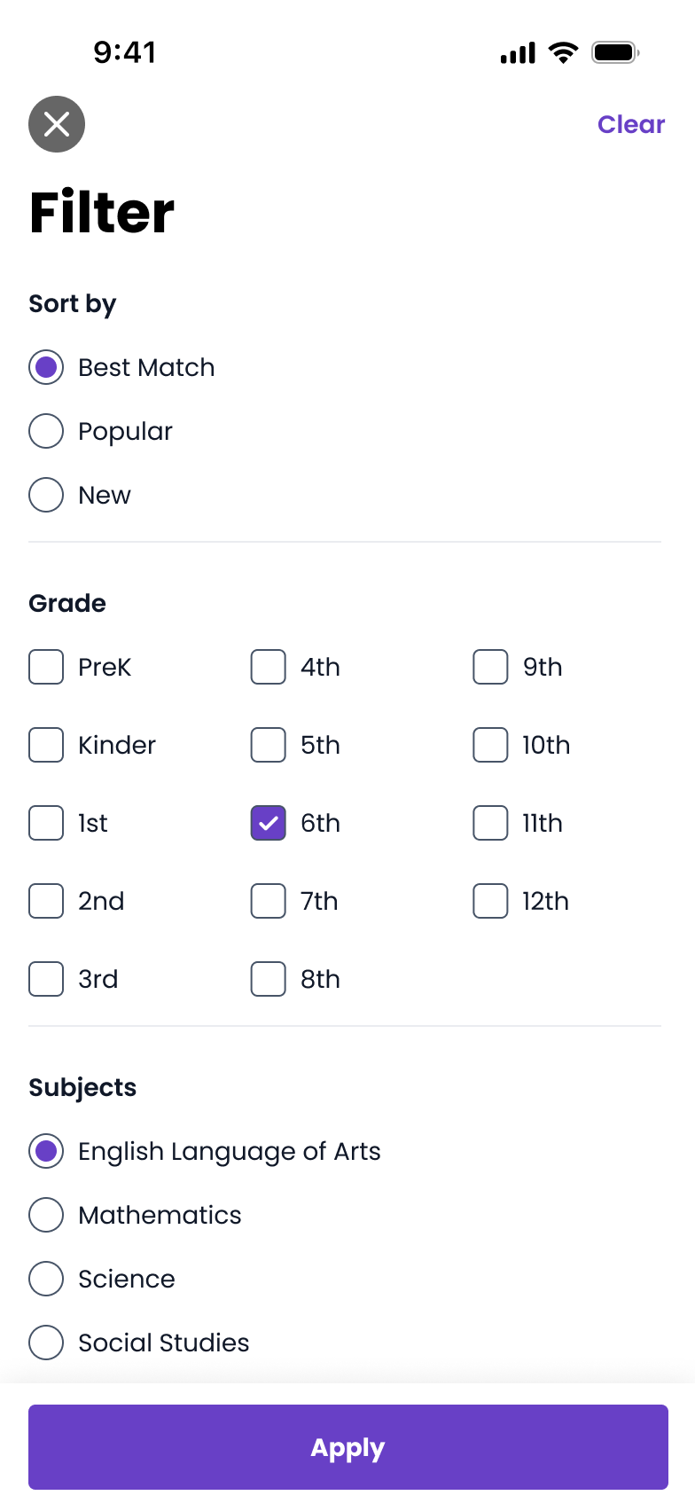 Mobile app screen for filtering through course listings