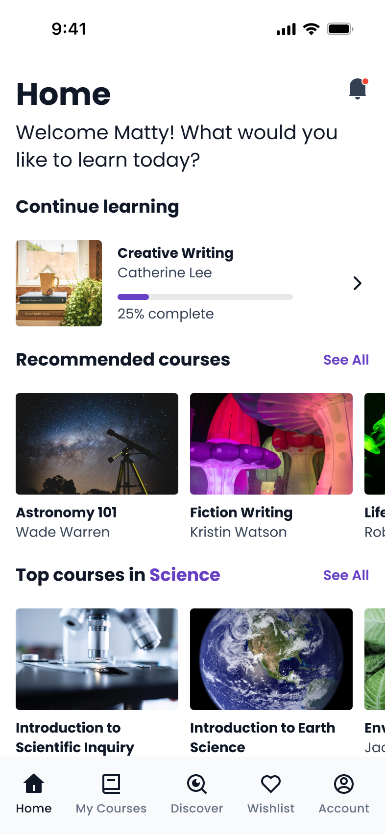 Mobile app screen for an education app home screen. It lists recommended courses and top courses in science