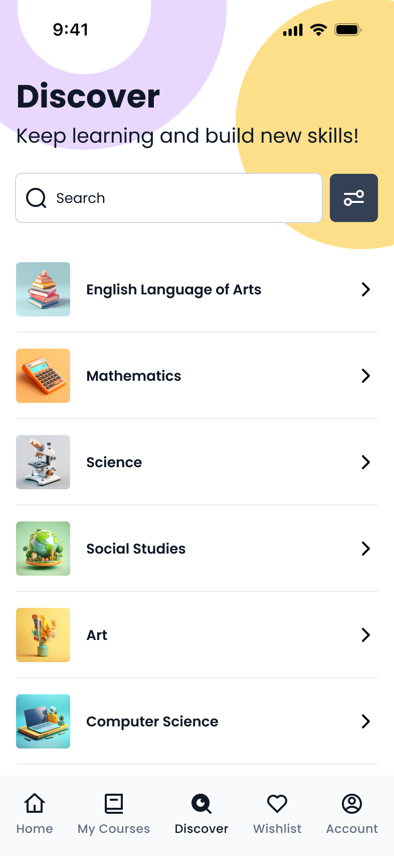 Mobile app screen for a discovering new courses