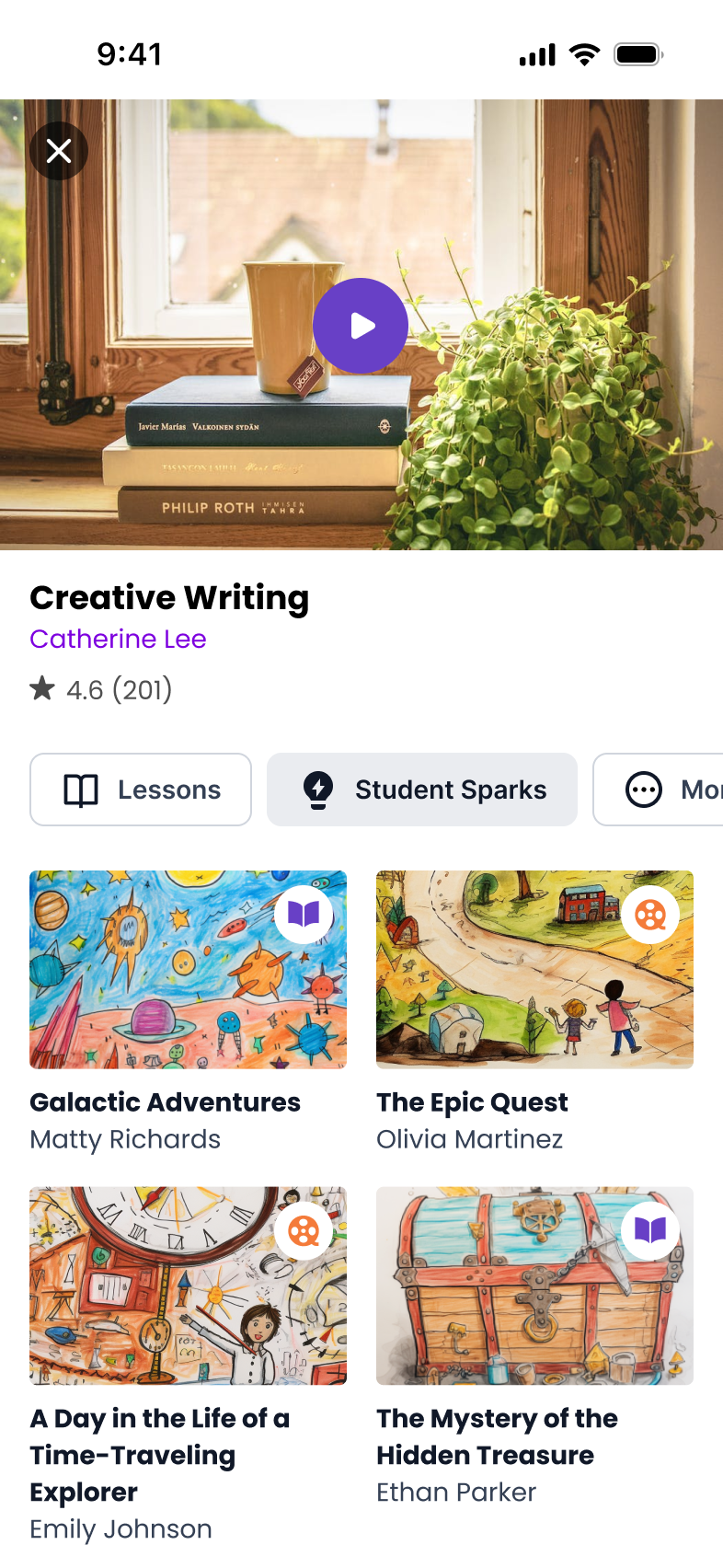 Mobile app screen for viewing student created learning resources.