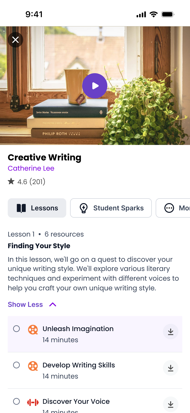 Mobile app screen for course lessons