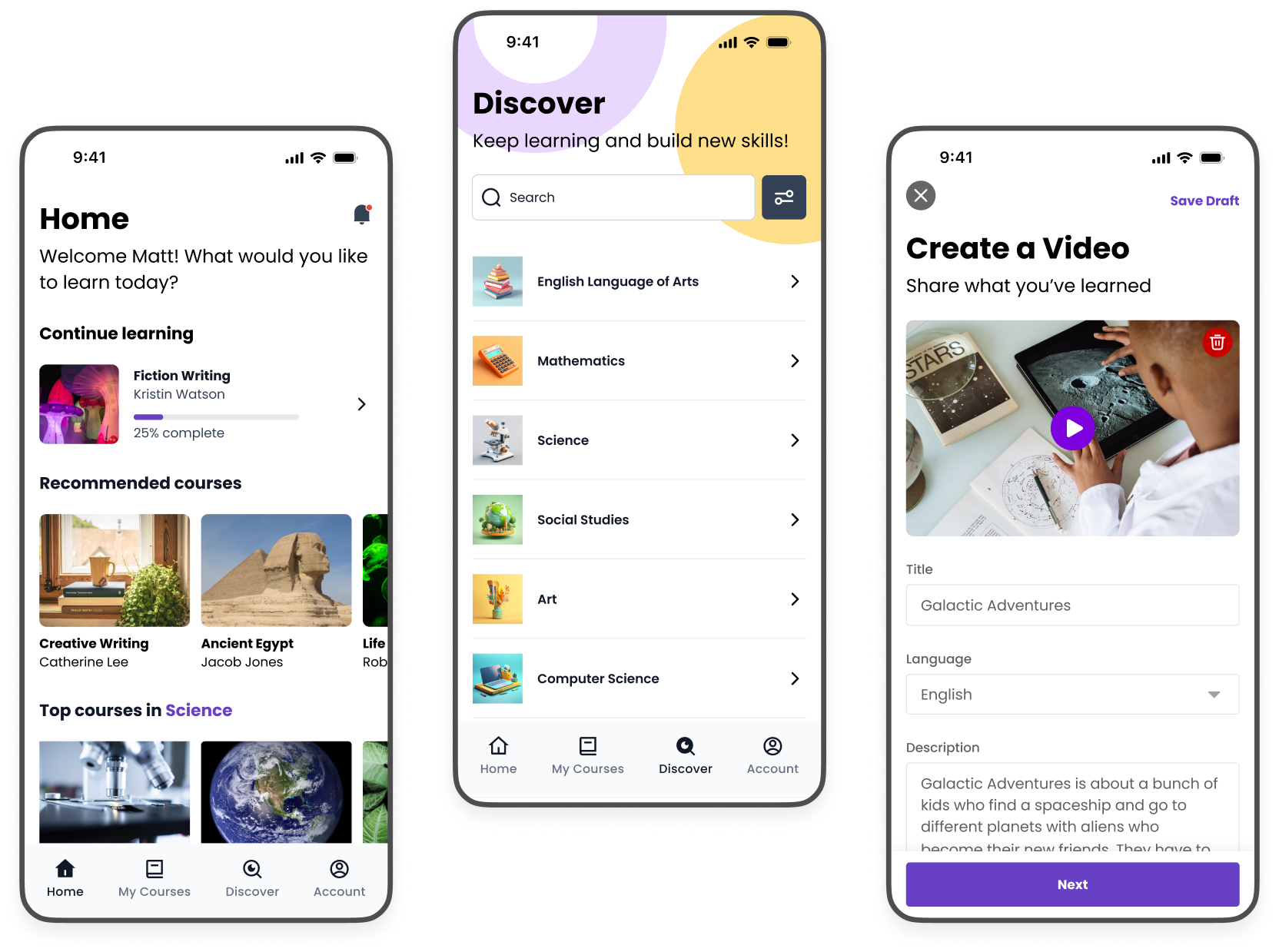 header image featuring 3 designs for mobile app for students