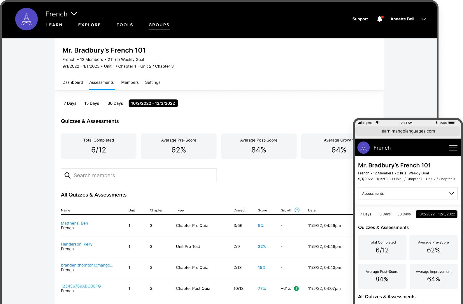Mango Languages group assessment view on desktop and mobile