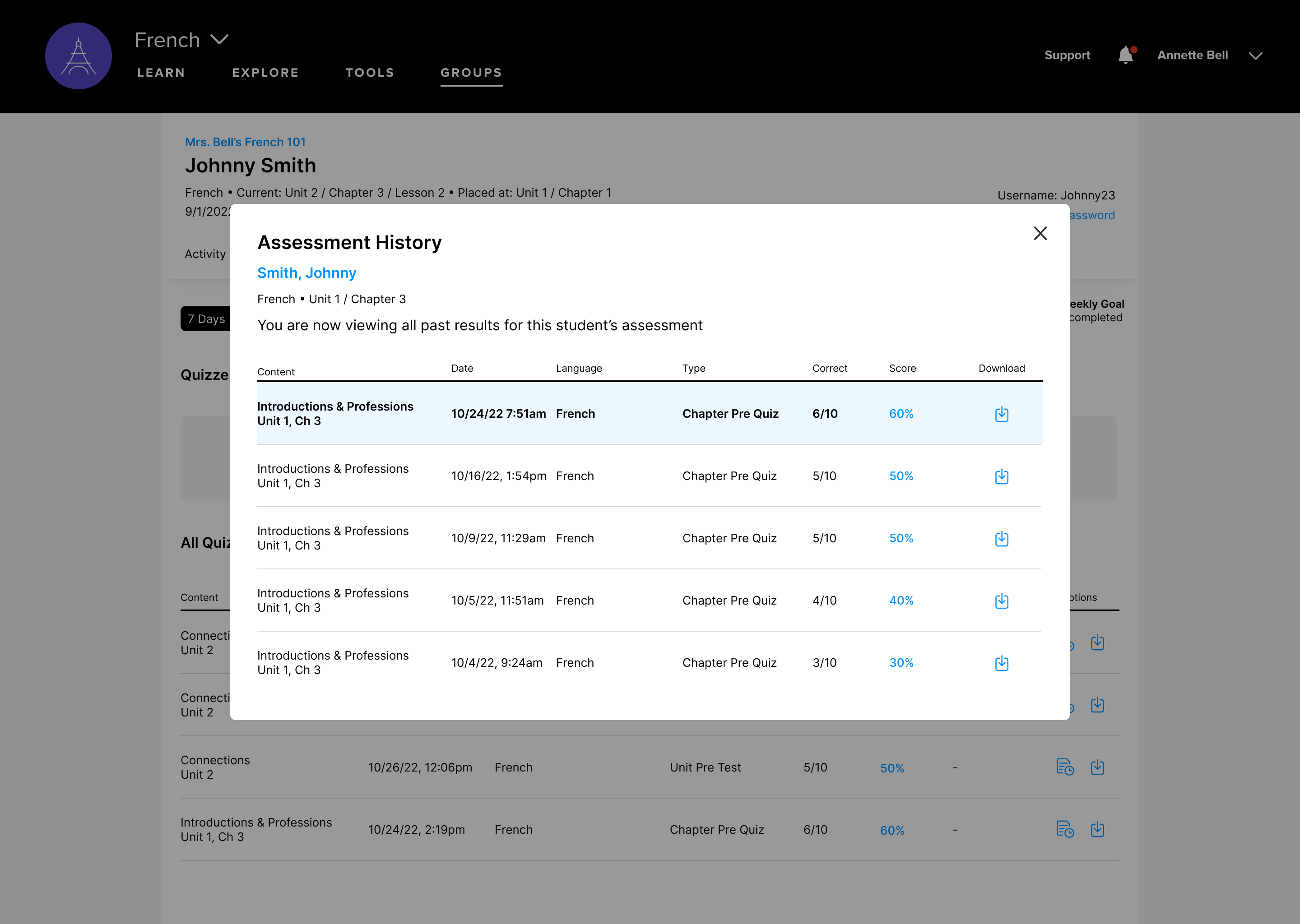 Mango Languages student assessment history modal