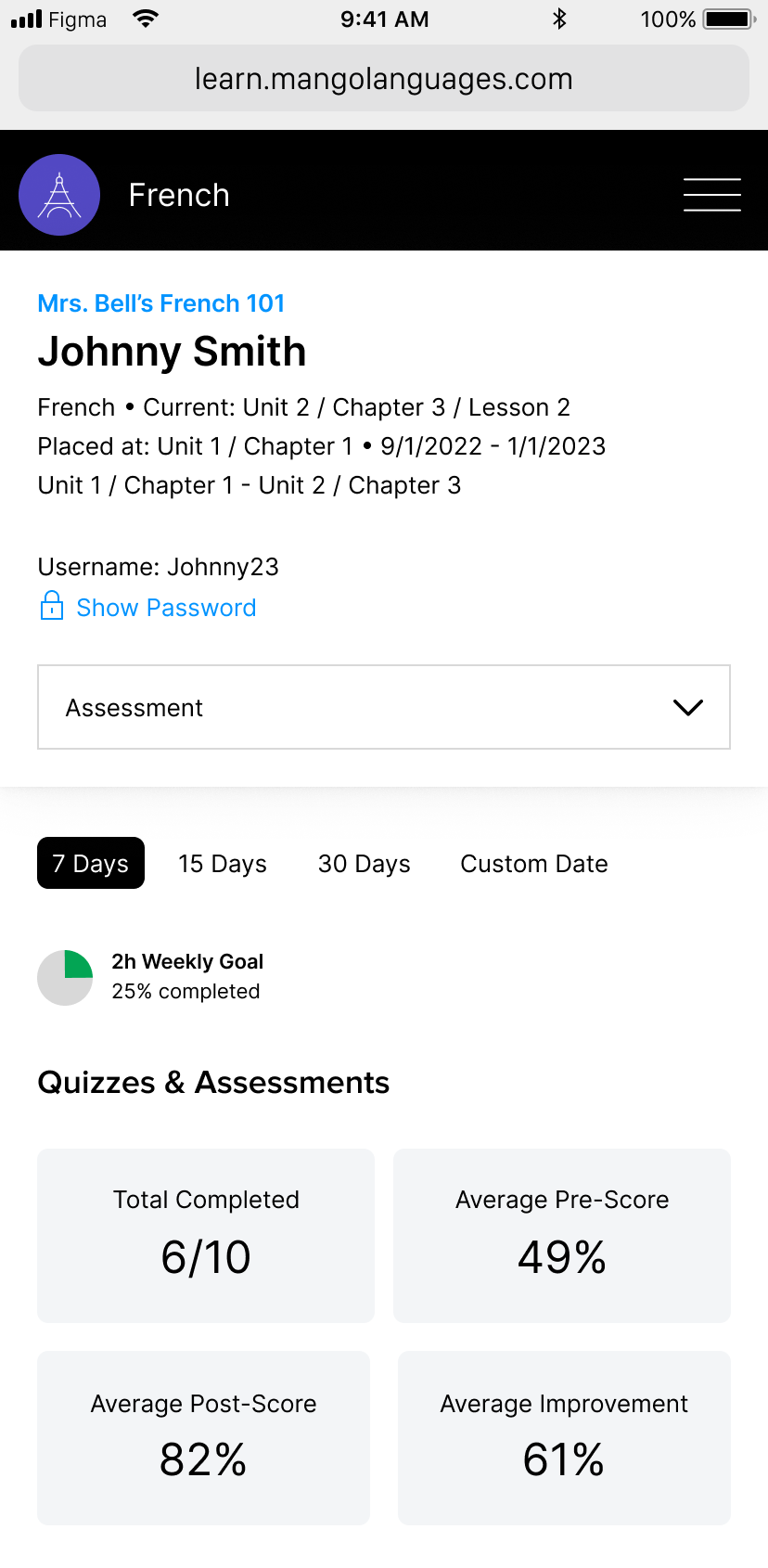 Mango Languages student assessments dashboard on mobile