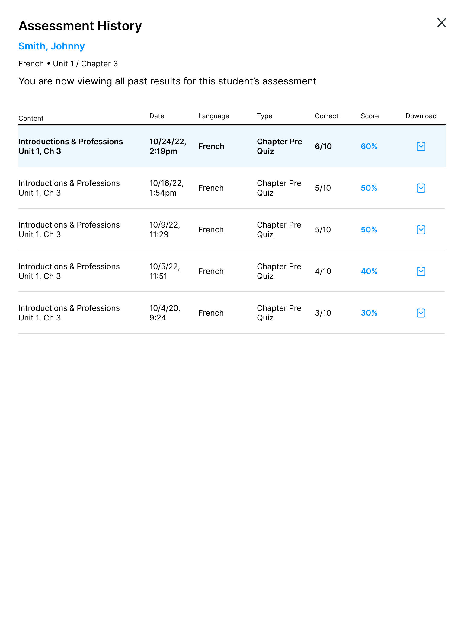 Mango Languages student assessment history on tablet