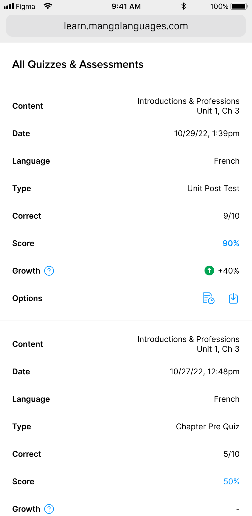Mango Languages student assessments dashboard on mobile