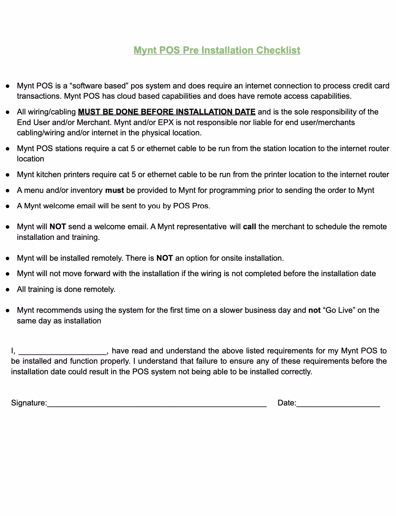 Mynt Installation Checklist