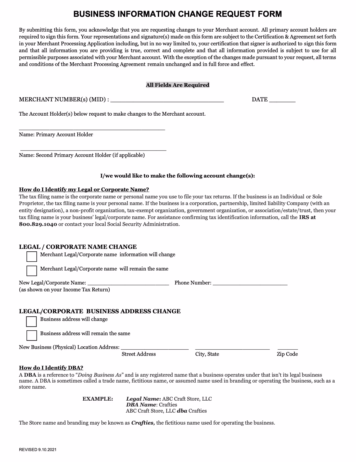 Merchant Bank Account Update Form