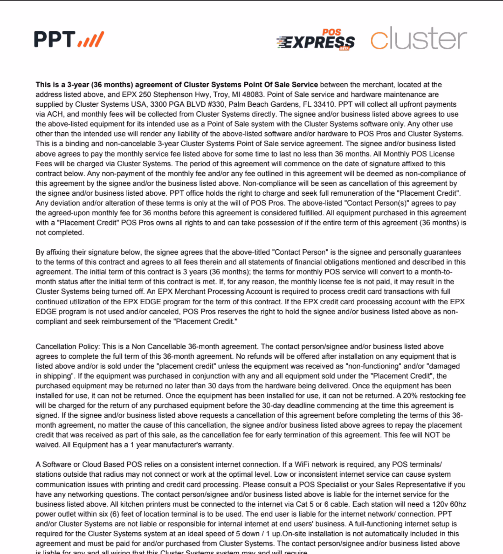 Cluster Placement Terms and Conditions