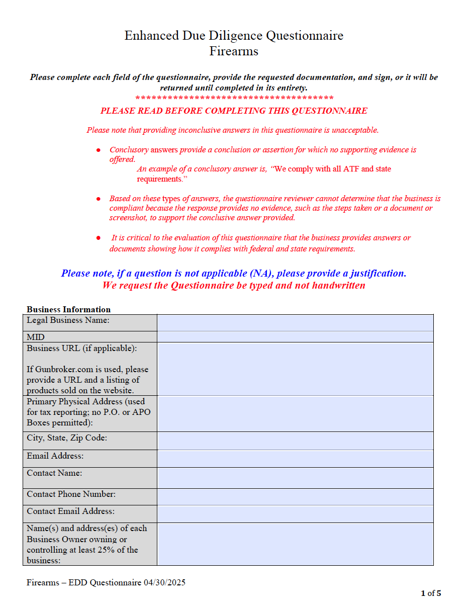 Enhanced Due Diligence Questionnaire for Firearms