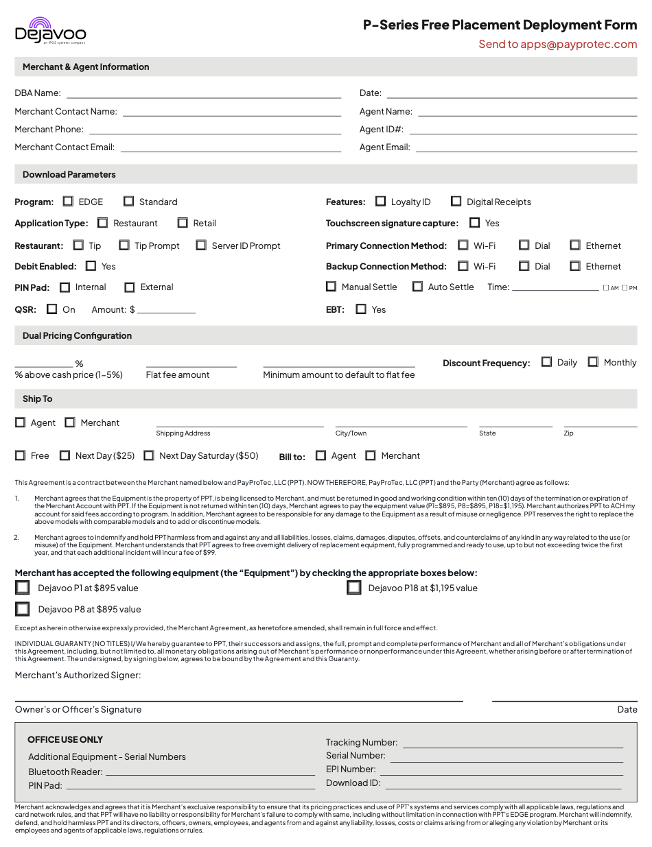 Dejavoo P-Series Free Placement Form