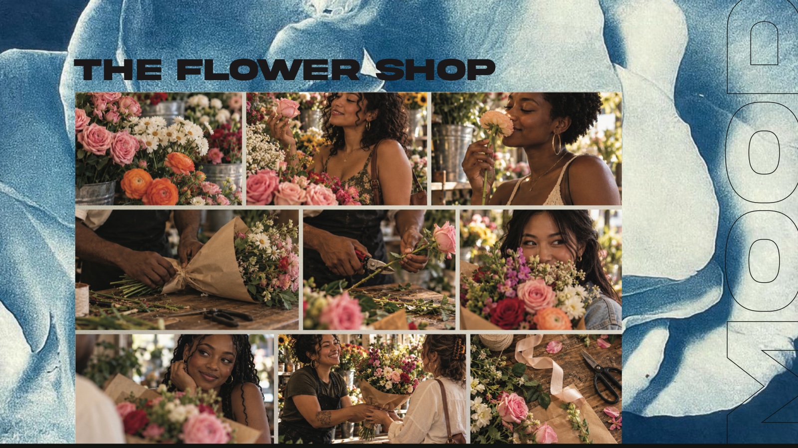 The Flower Shop moodboard: flowers, customers and florist interactions.