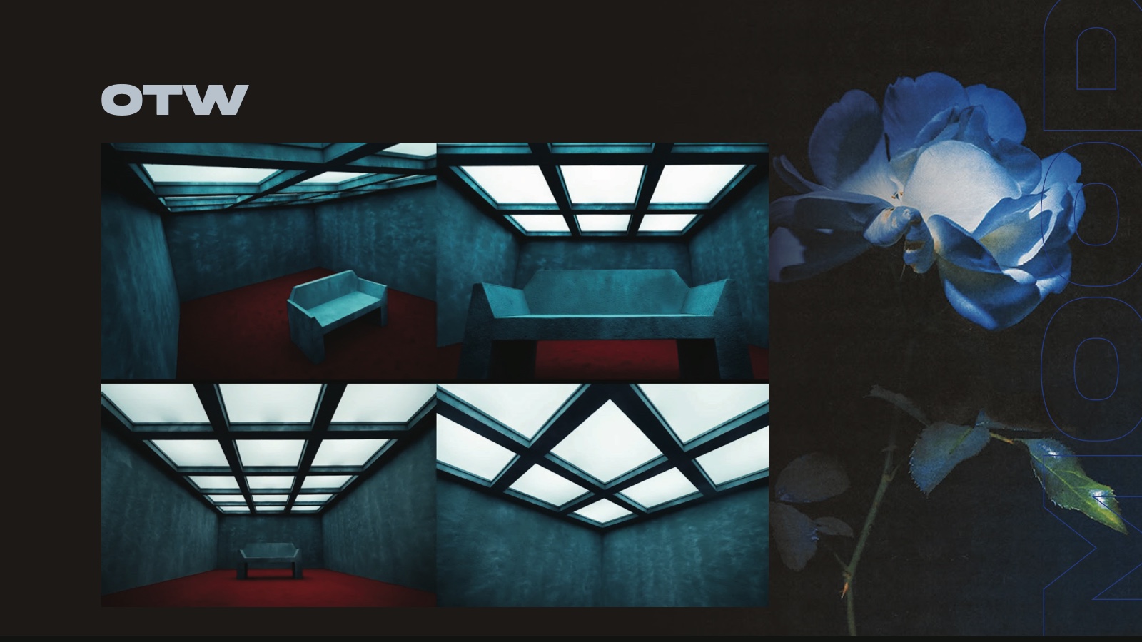 OTW moodboard: symmetrical concrete studio with luminous ceiling and red floor.