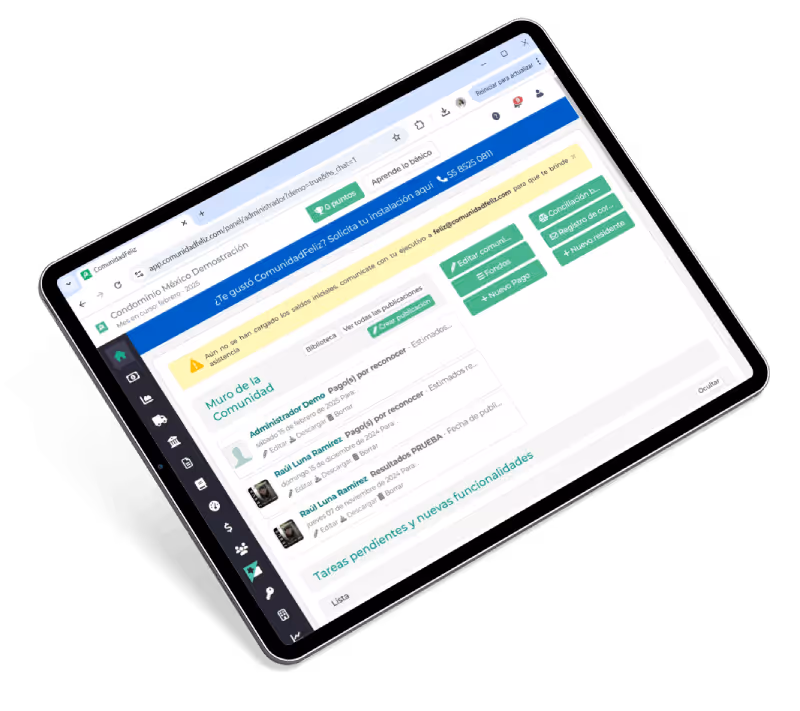 Tablet  con la aplicación comunidadfeliz.
