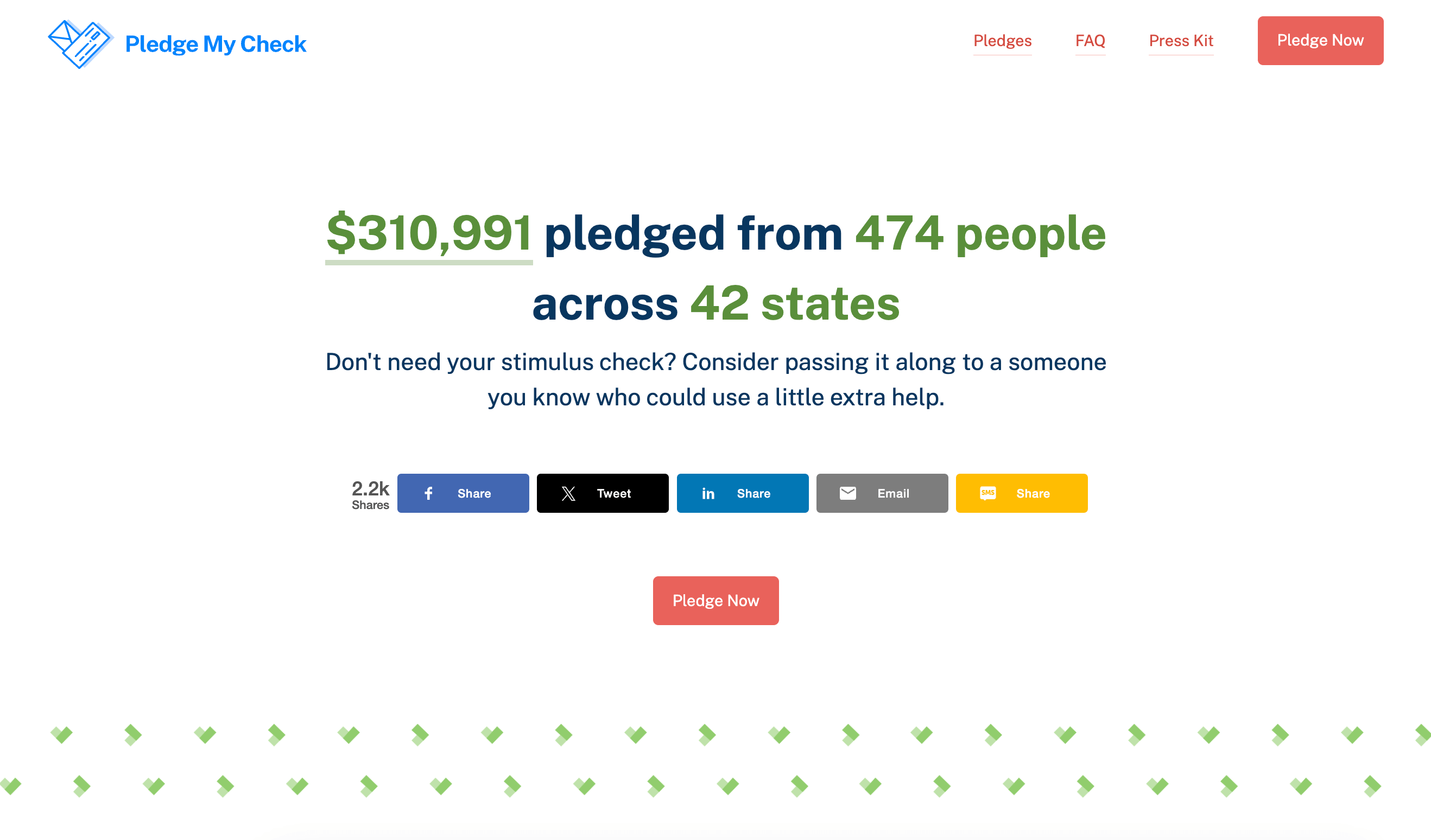 Screenshot of the front page of the Pledge My Check website. It reads "$310,000 pledged from 474 people across 42 states"