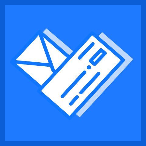 Logo of Pledge My Check, with an envelope and a check that intersect at their base to make a heart