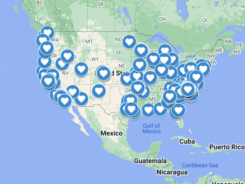 Map of donors pinpoints across the united states.