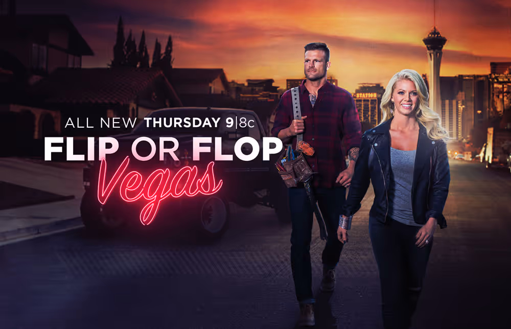Man and woman walking on a Las Vegas street at sunset with neon text announcing Flip or Flop Vegas airing Thursday 9/8c.