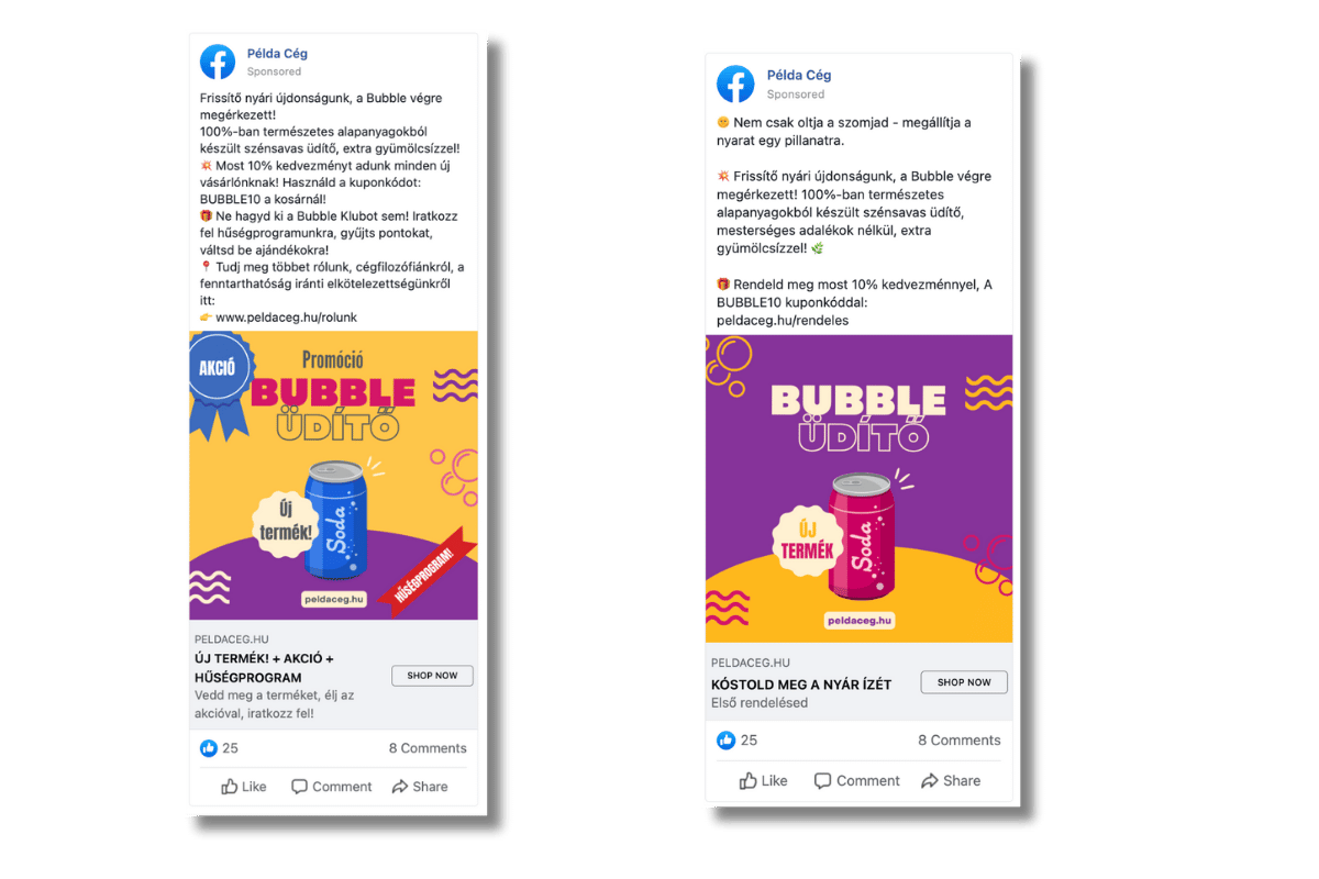 Két Facebook hirdetés egymás mellett: az egyik zsúfolt, sok szöveggel és több üzenettel, a másik letisztult, egyértelmű céllal és egyetlen CTA-val