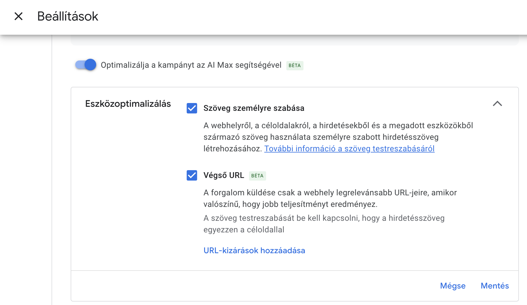 Ai MAX opció beállítása Google Ads-ben