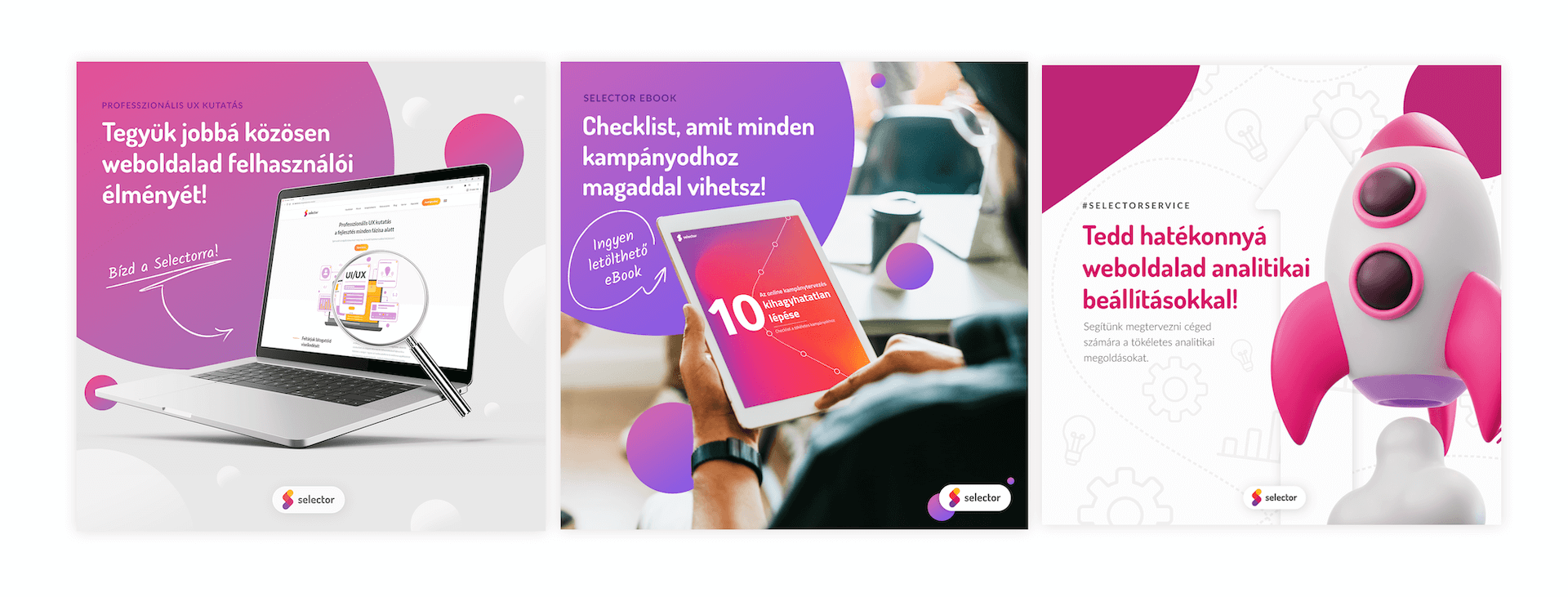 éldák szövegelhelyezésre a Selector hirdetési kreatívjain.