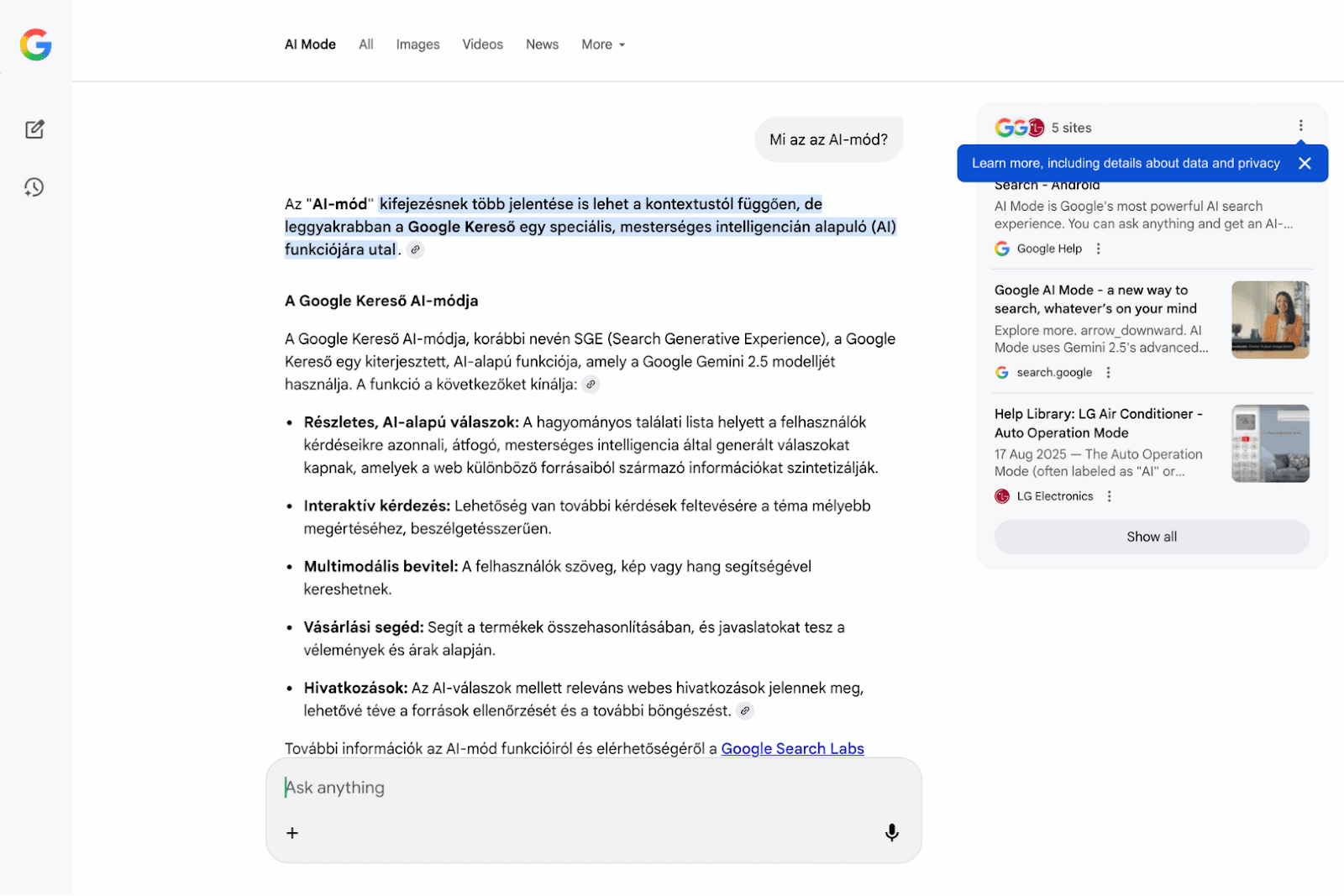 Google AI-mód magyar példával