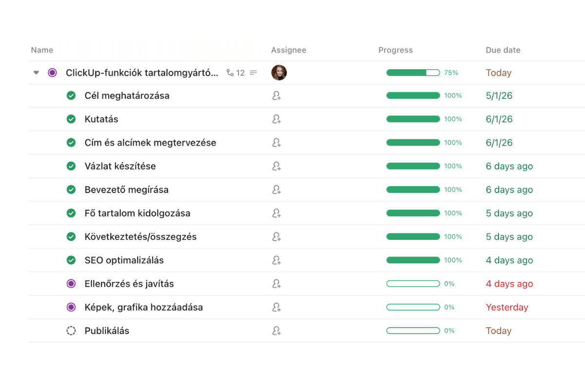 ClickUp subtaskok, azaz alfeladatok - Selector