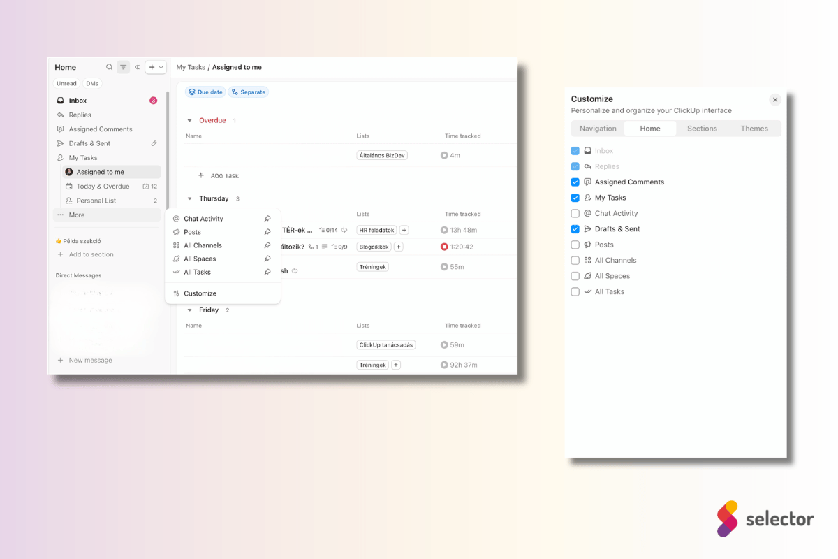 ClickUp 4.0 Home Sidebar és Inbox áttekintés