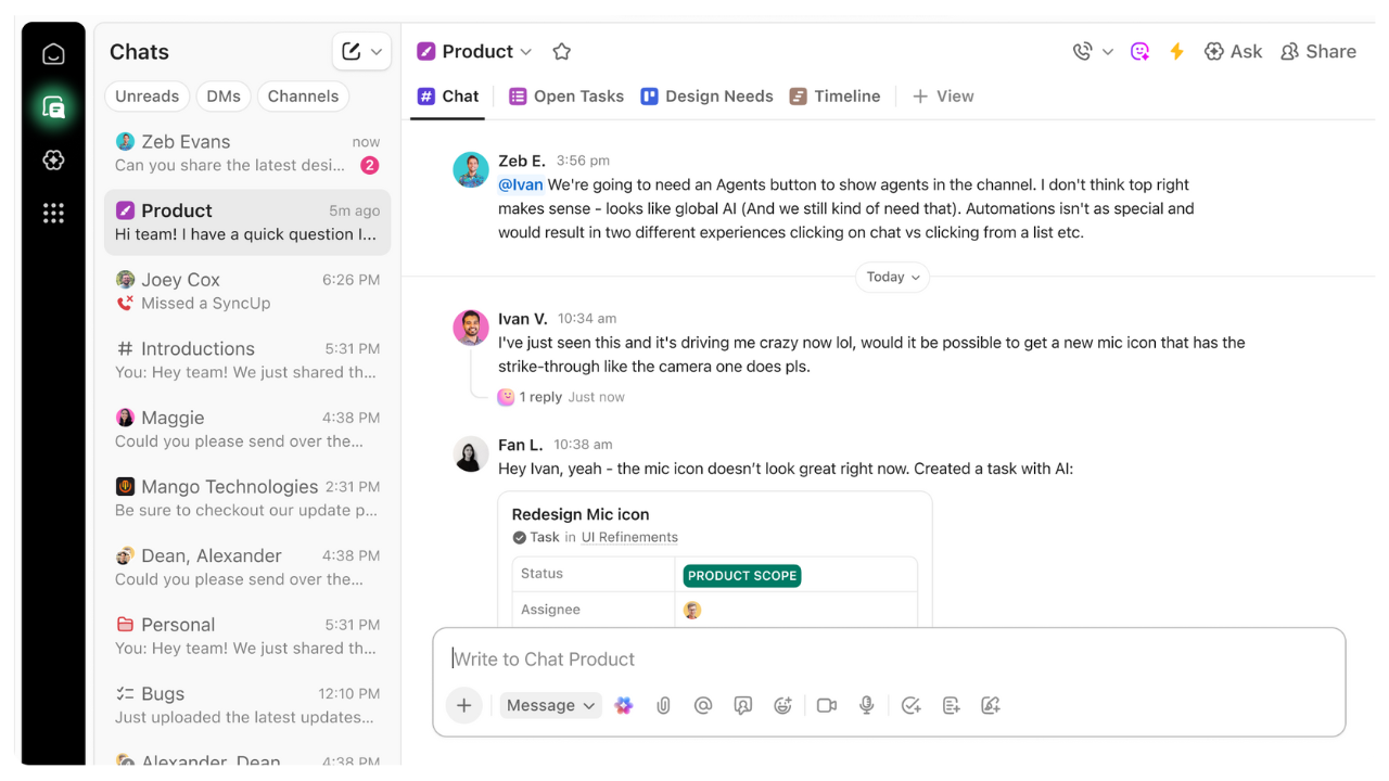 ClickUp 4.0 Chat feladatkezelés és üzenetek