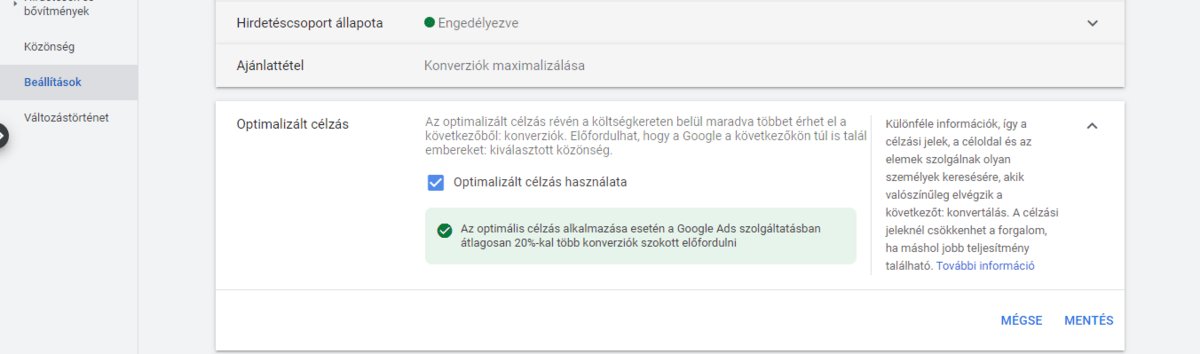 Google Ads optimalizált célzás kikapcsolása