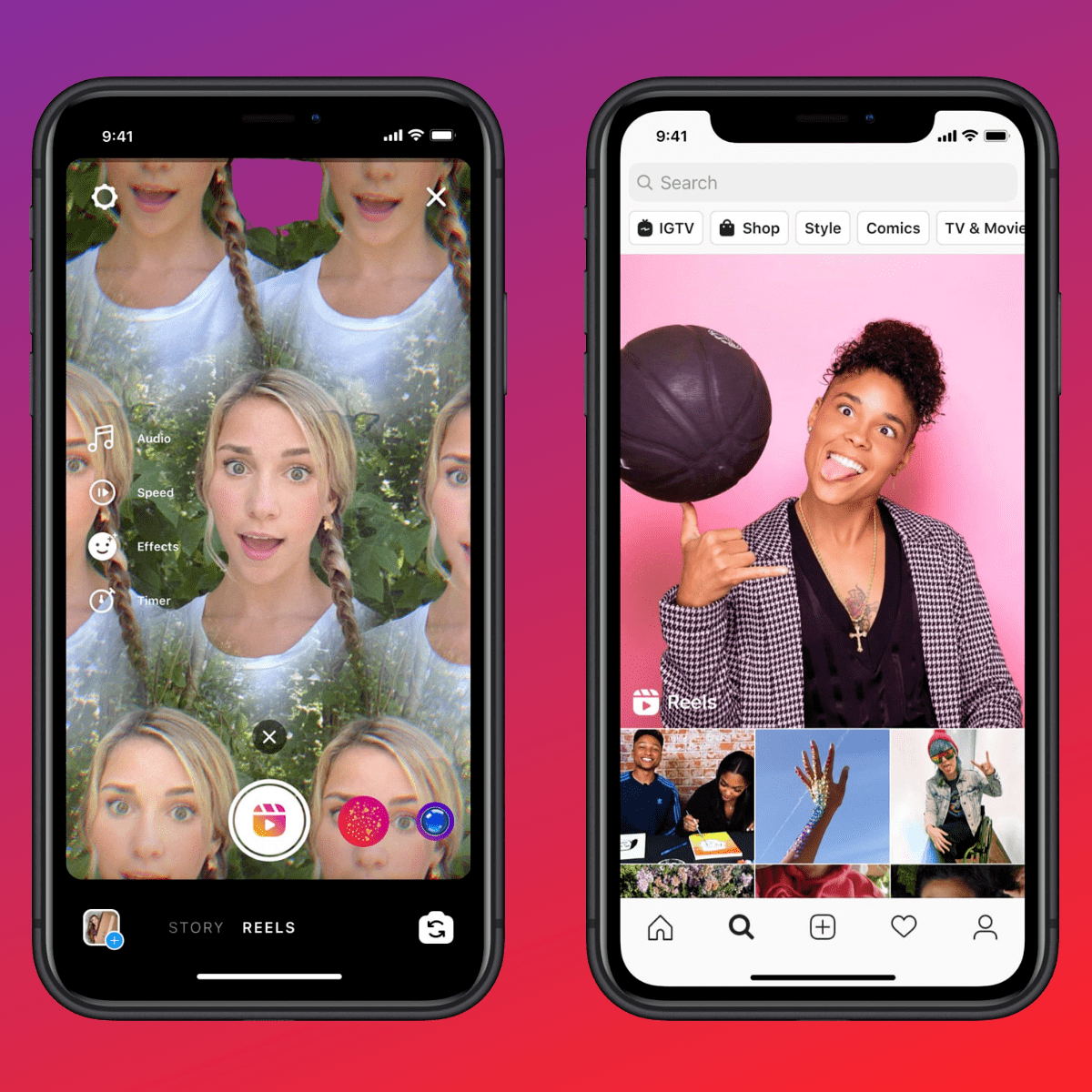 Mobiltelefonokon az Instagram Reels videó a hírfolyamban és a készítésének folyamata.