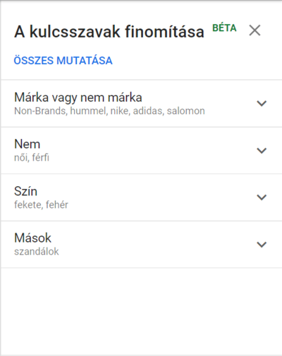 a kulcsszavak finomítása