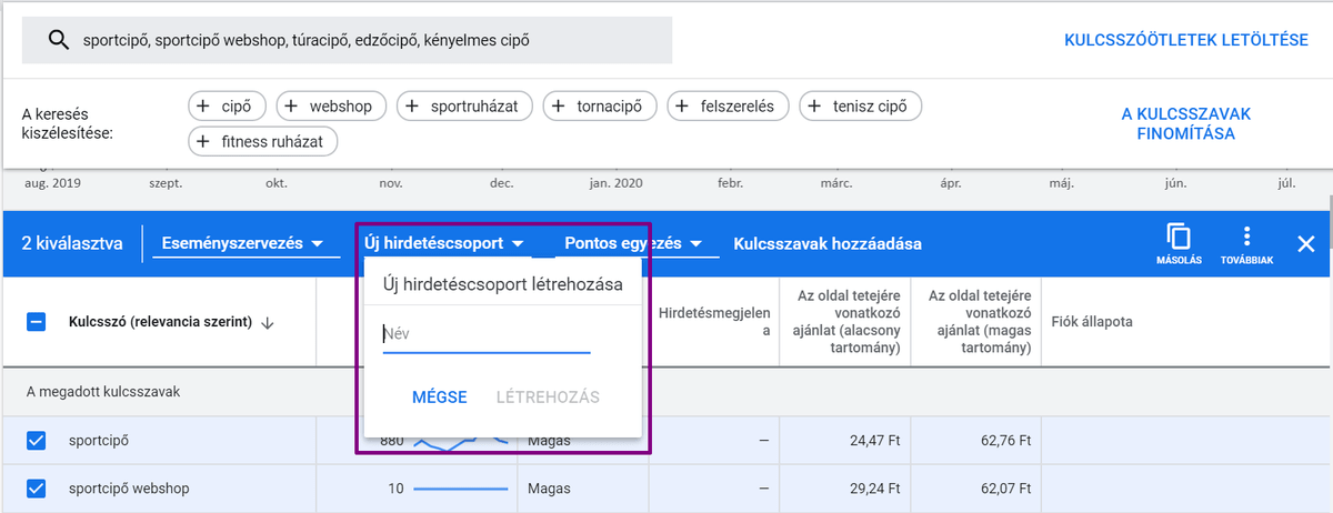 hirdetéscsoportok kialakítása