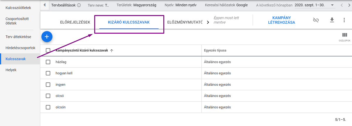 kizáró kulcsszavak hozzádása
