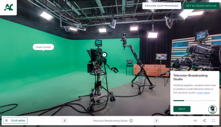 Screenshot from Algonquin College tour of their television broadcast studio green screen space