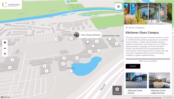 Screenshot of Conestoga College's virtual tour map of Kitchener-Doon campus
