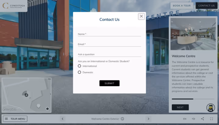 Screenshot of Conestoga form on their virtual tour for contact information collection