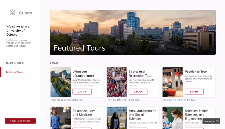 Screenshot of the University of Ottawa's virtual tour homepage with various tour images and titles